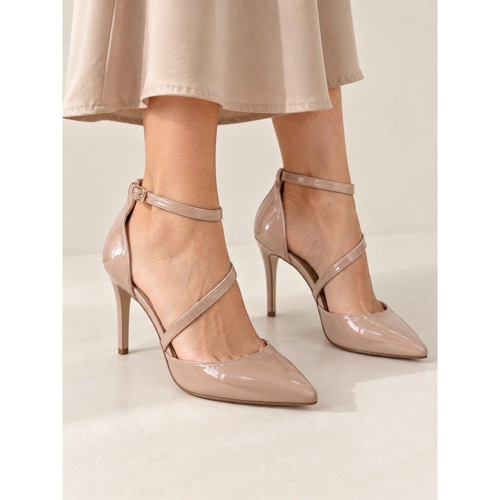 Liz Claiborne LC Hudson Nude Patent Pointed Toe Ankle Strap Pumps Heels 6.5M